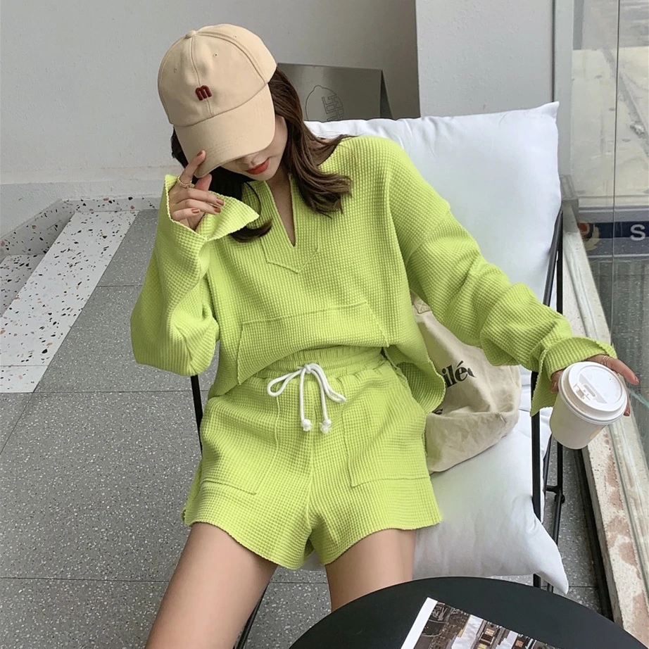 

New Autumn Women's Tracksuit Loose Long Sleeve Casual Shirt Tops + Drawstring Elastic Waist Mini Shorts Sets Korean Sports Suit