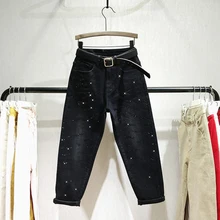 Горячие Джинсы с разрезами женщин плюс бархат утолщение осень и зима новые свободные тонкие шаровары