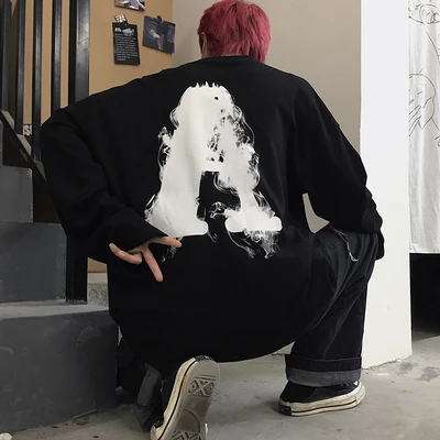 Harajuku/винтажная Повседневная белая футболка с длинными рукавами и круглым вырезом с принтом в виде смога и букв летние готические футболки для пары в стиле панк; большие размеры; футболки - Цвет: Черный