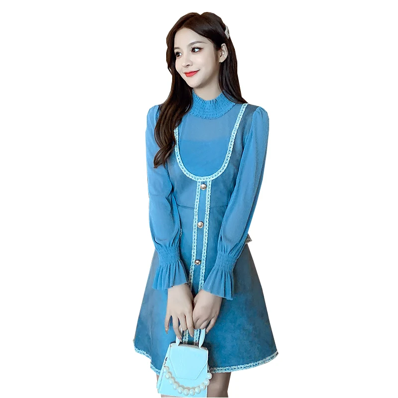 

Temperament Fake Two-Piece Dresses Women O-Neck Long Sleeve A-Line Dress Female 2020 New Autumn And Winter Hot