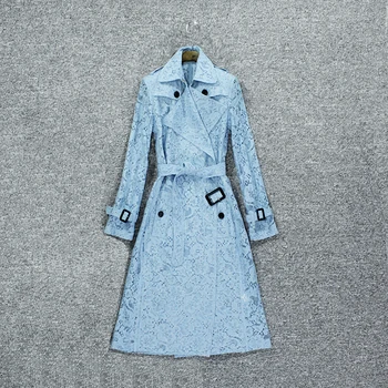 

Spring 2020 new British style single layer windbreaker women's thin style long style light blue over the knee lace thin coat wom