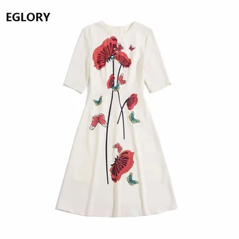 

New Arrival Dress 2020 Summer Fashion Style Women O-Neck Butterfly Lotus Flower Print Beading Deco Short Sleeve A-Line Dress