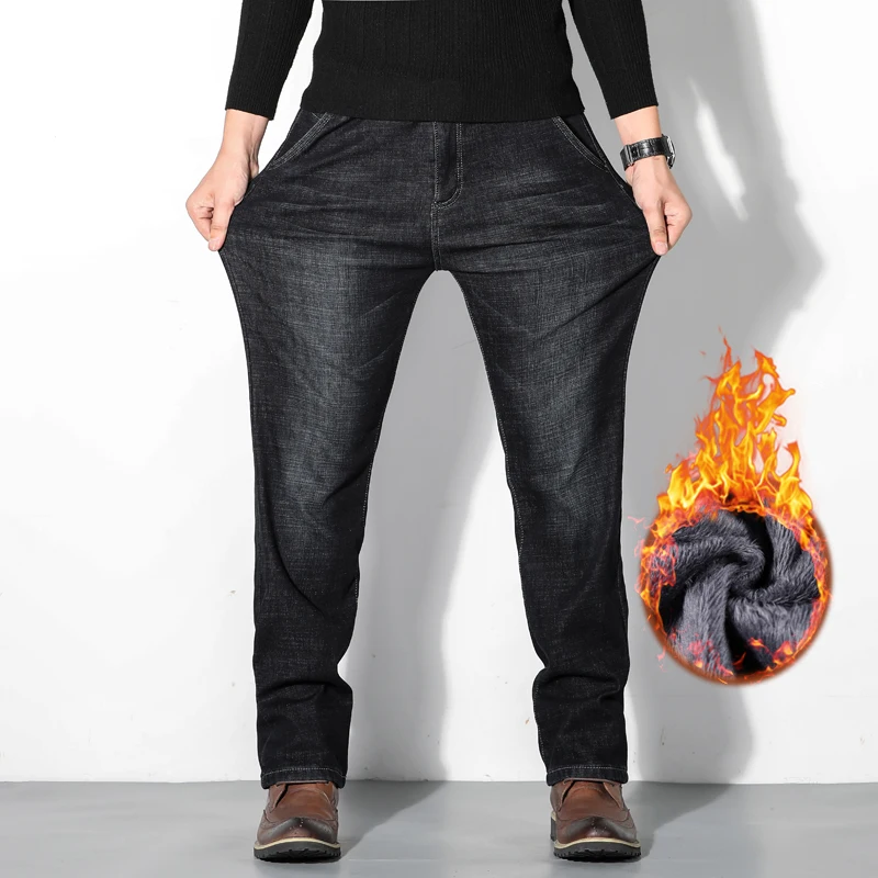 60% OFF 29-46 Men's business casual Thicken Winter Men's Plus Velvet Padded jeans Trousers Slim Large Size Warm Pants Solid black jeans