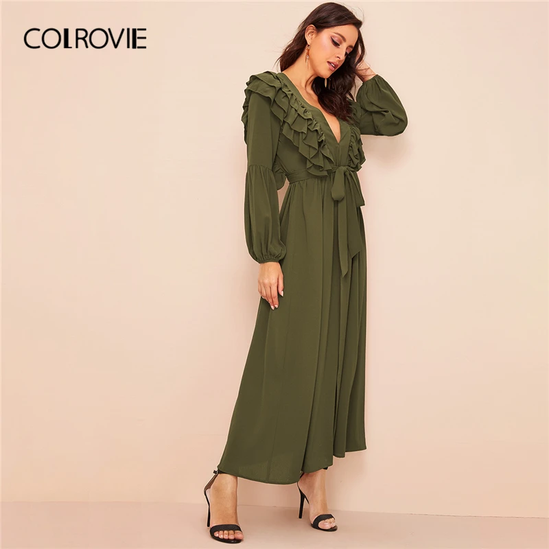 COLROVIE Женские топы с глубоким v-образным вырезом, с поясом, с поясом, с рукавами-Бишопом, осень, с глубоким v-образным вырезом, однотонные, длинные, abaya s