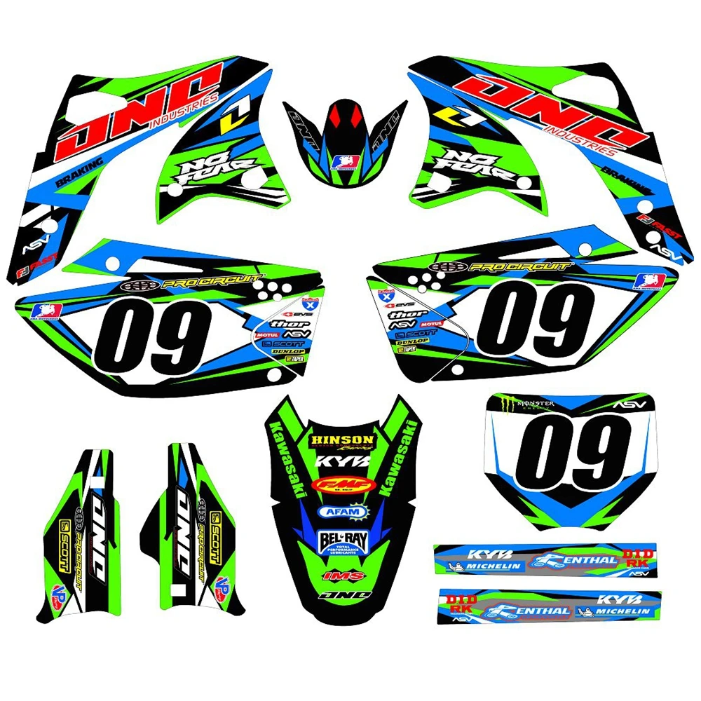 

New Full Graphics Decals Stickers Custom Number Name 3M Bright Stickers Waterproof For Kawasaki KXF250 2006 2007 2008