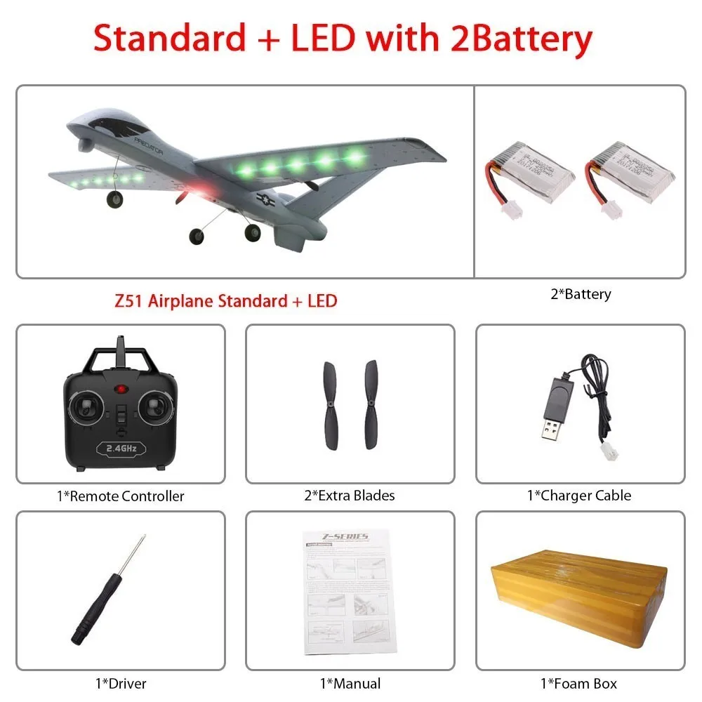 Летающая модель планеры RC Plane 2,4G 2CH Predator Z51 пульт дистанционного управления RC самолет размах крыльев пена хватать руками игрушка-планер самолеты - Цвет: Led 2B foam box