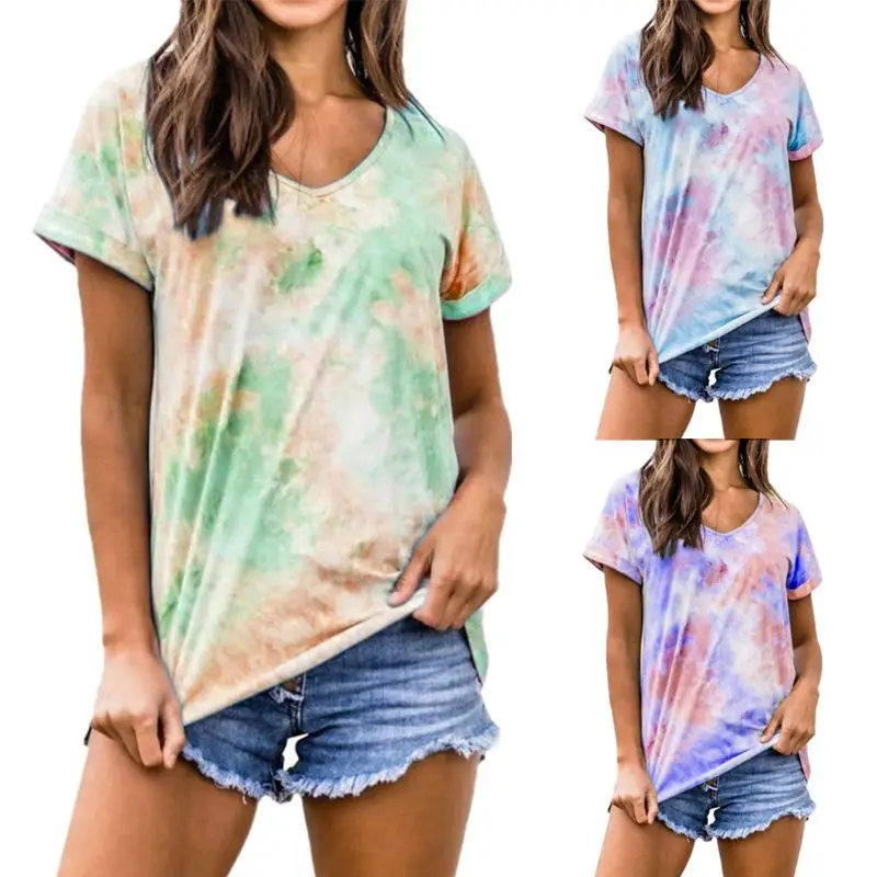 

Women Short Sleeve T-Shirt V-Neck Loose Tunic Tops Gradient Tie-Dye Streetwear A0NF