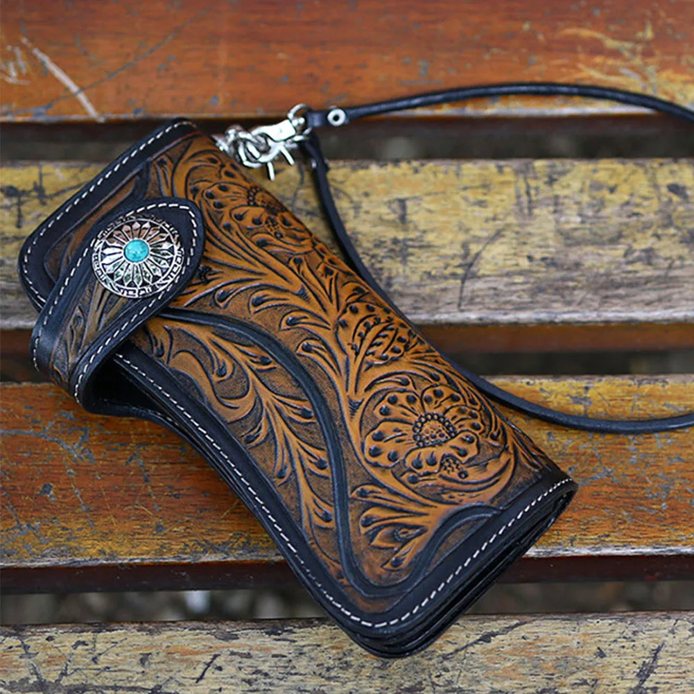 

Men Women Handmade Artificial Cow Leather Vintage Japanese Carved Wallet With Chain Storage Long Button Open Multipurpose Casual