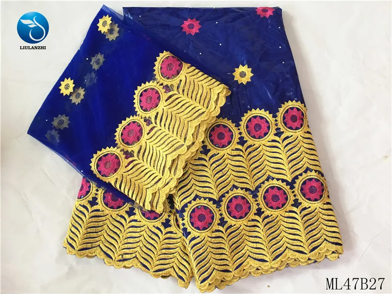 LIULANZHI синий Базен кружевной ткани нигерийский хлопок broderie ткань с камнями новейший стиль золотая вышивка Базен riche ML47B27
