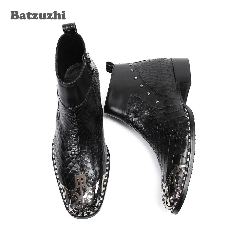 Batzuzhi Personality Leather Men's Boots Metal Toe Black Leather Short Boots Formal Business/Party Footwear Men Rock Bota Mascul