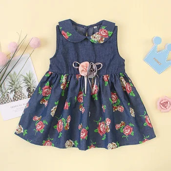 

Summer 2020 Girls Dress Girls Summer Cute Dress Sleeveless Turn-down Collar Print Floral Dark Blue Cute Dress Vestidos 1T-5T