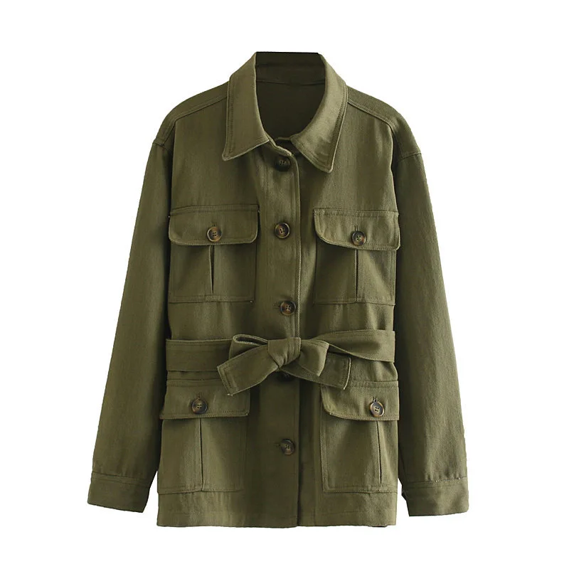 

F9563-Korean-style WOMEN'S Wear 2019 Spring And Autumn New Style Fold-down Collar Four-Pocket Lace-up Cowboy Jacket Women's