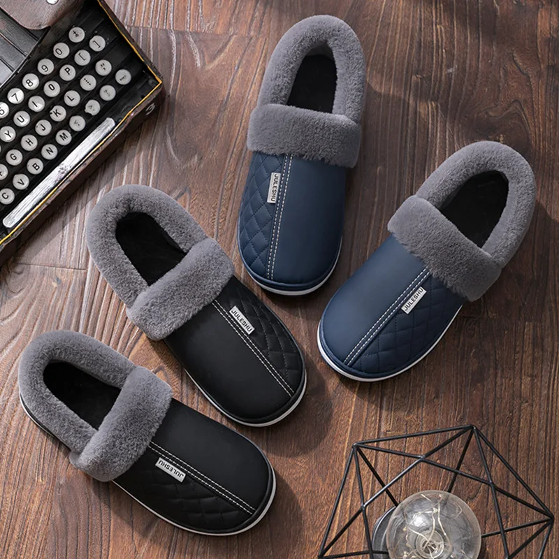 

Couples PU Leather Waterproof Women's Warm Plush Cotton-padded Shoes Men Home Winter Cover Heel Cotton Slippers