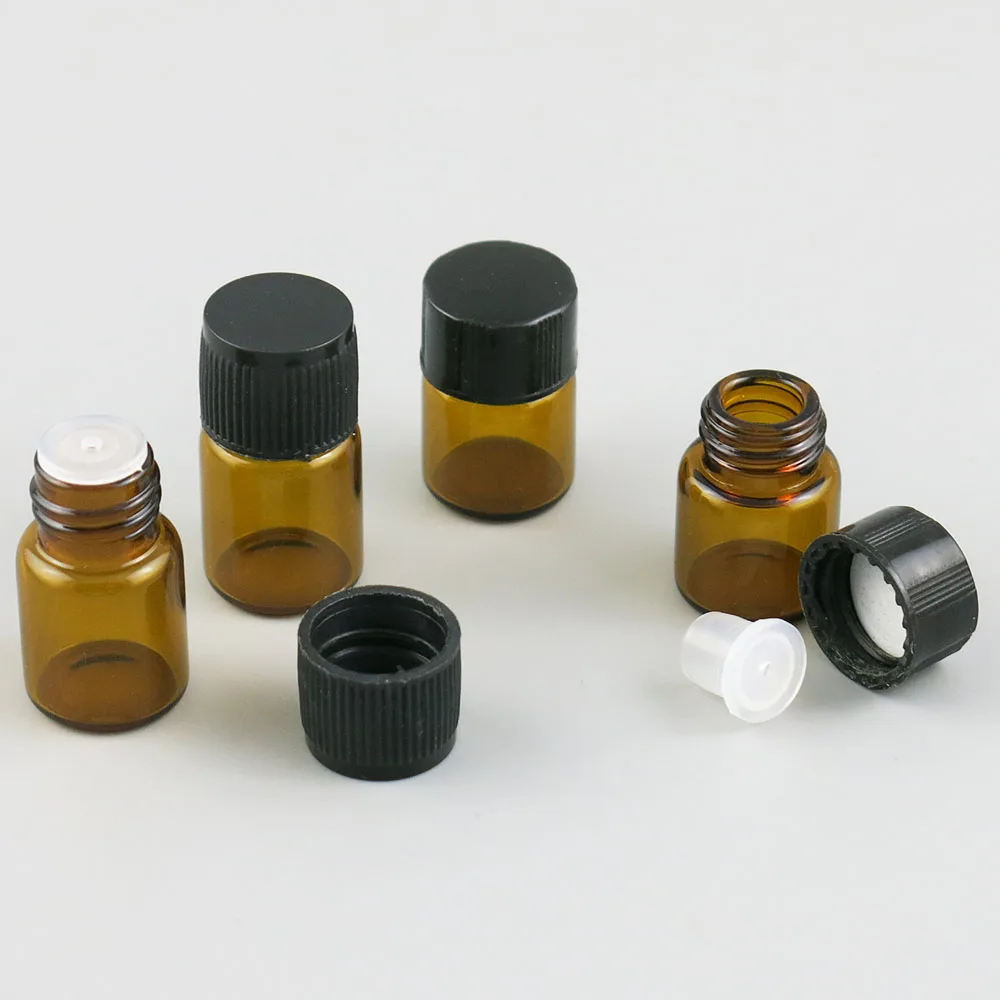 

500 x 1ML 2ML Portable Mini Amber Glass Bottle with Orifice Reducer & Black Cap 1/4 Dram Small Essential Bottle