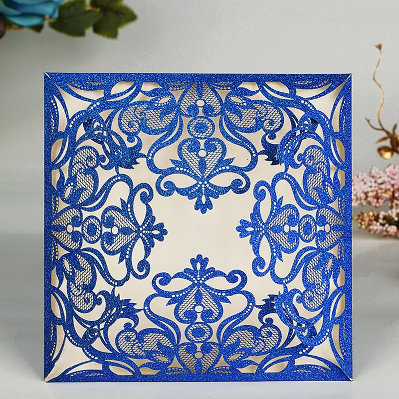 

1PCS Royal Blue Silver Gold Glitter Wedding Invitation with Envelope Laser Cut Hollow Flower Customized Bridal Shower Party