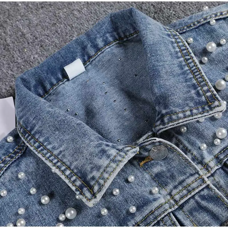 Большие размеры 5XL джинсовая женская куртка джинсовая с длинным рукавом винтажное пальто с жемчужинами Женская мода осень весна повседневное пальто