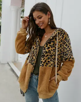 

Fashion Autumn Winter Women's Fleece Coat Jacket Hooded Jumper Leopard Warm Outwear Coats