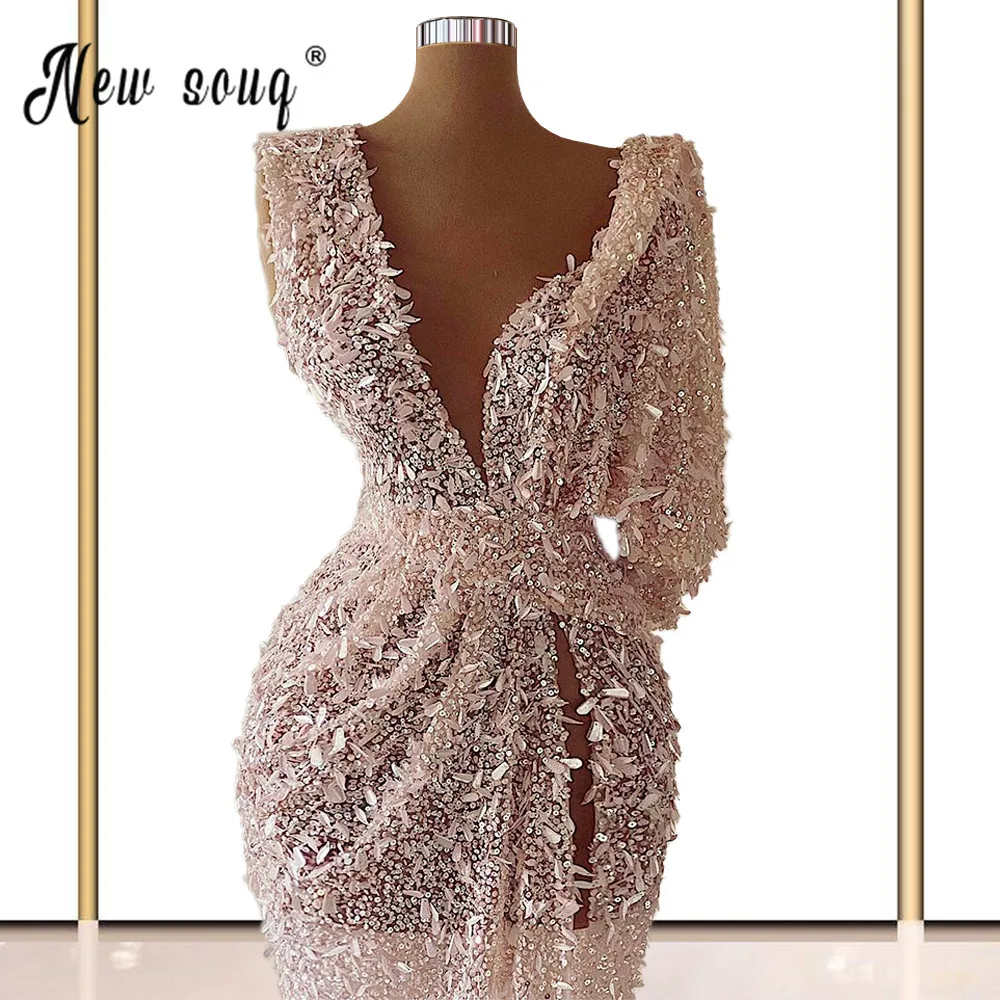 

Sexy V Neck Beaded Sequined Evening Dress Luxury Mermaid Long Pink Crystals Formal Party Gown with Split Side One Sleeve Robes