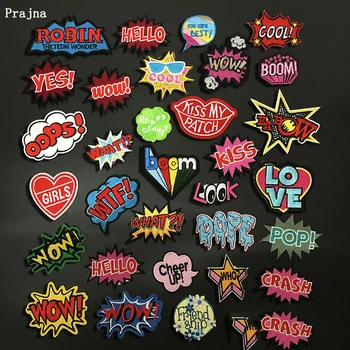

Prajna WOW HELLO POP Letters Cartoon Patch Embroidered Patches For Clothing Iron On Patches On Clothes Accessories Patches Badge