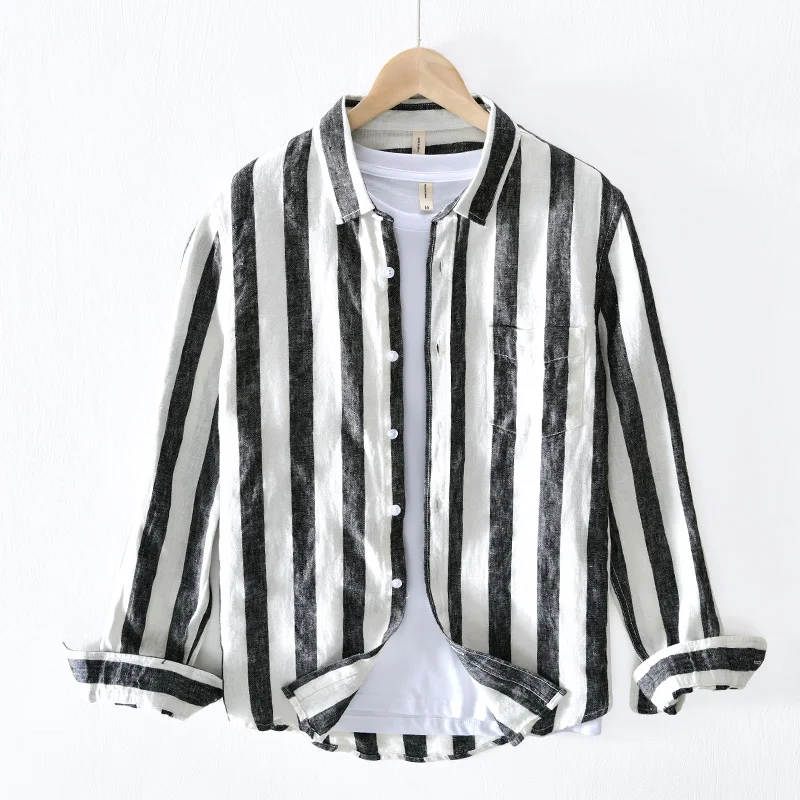 

Men's Long Sleeve Shirts 100%Linen Autumn New Casual Striped Shirts Male Turn-down Collar Blouse Tops Y3387