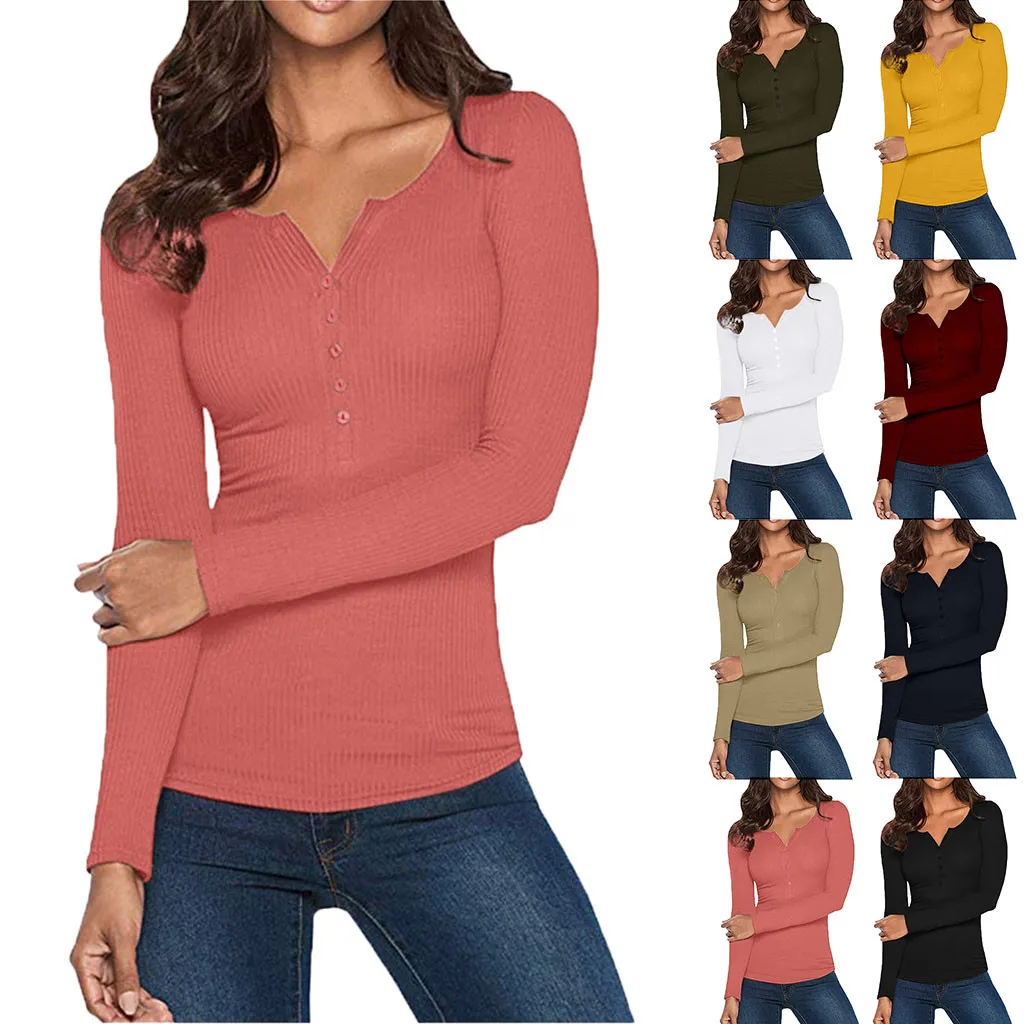 

Fashion Womens V Neck Shirts Long Sleeve Solid Button Down Basic Sweater Top T-Shirt Tops Tees Thanksgiving Christmas gift