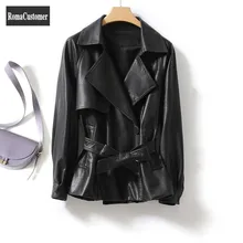 

Spring Autumn New Korean Womens Solid Genuine Leather Jackets Office Lady Elegant Slim Turn-Down Collar Fashion Casual Outerwear