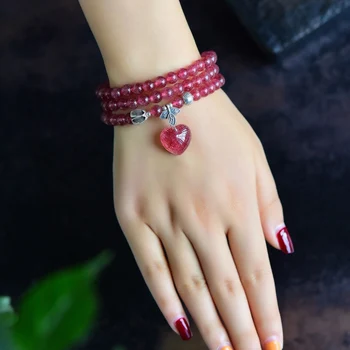 

2020 New Arrival Nature Strawberry Quartz 3 Rounds Bracelets 6mm Real Strawberry Quartz heart figure for women party gift