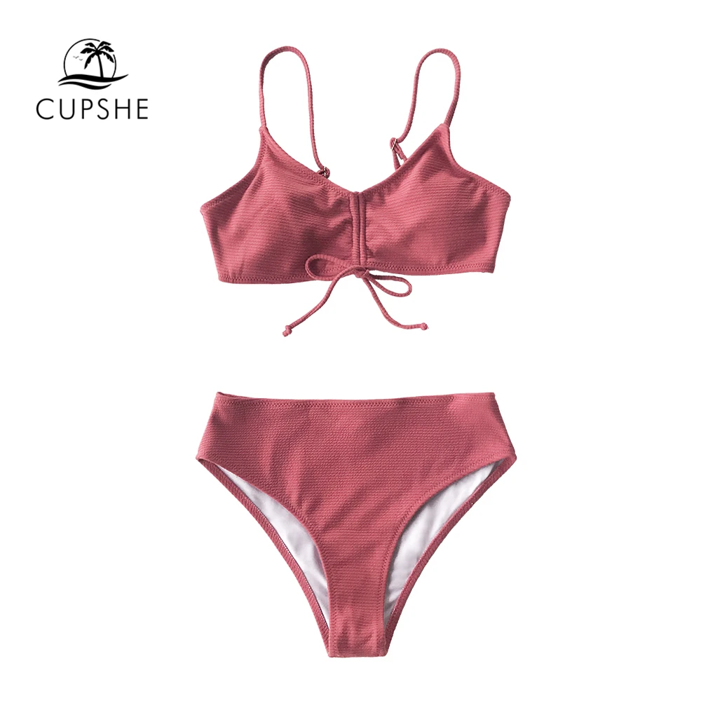 CUPSHE, Одноцветный, розовый, с текстурой, на шнуровке, бикини, наборы, сексуальный, с высоким вырезом, купальник из двух частей, для женщин,, пляжные купальники