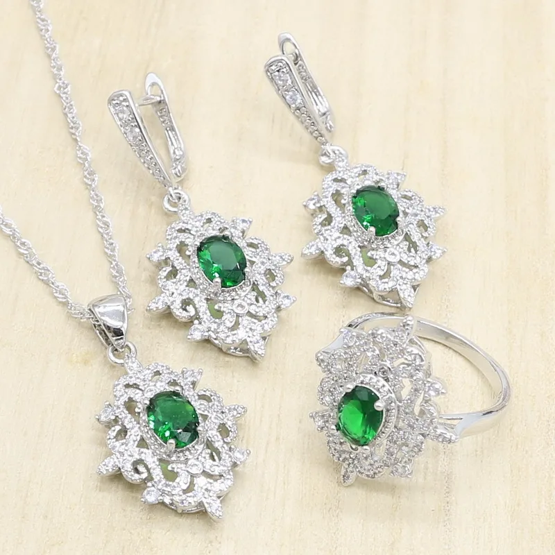 925 стерлингового серебра ювелирные наборы для женщин Зеленые Белые циркониевые серьги кулон ожерелье кольцо подарочная коробка для браслета