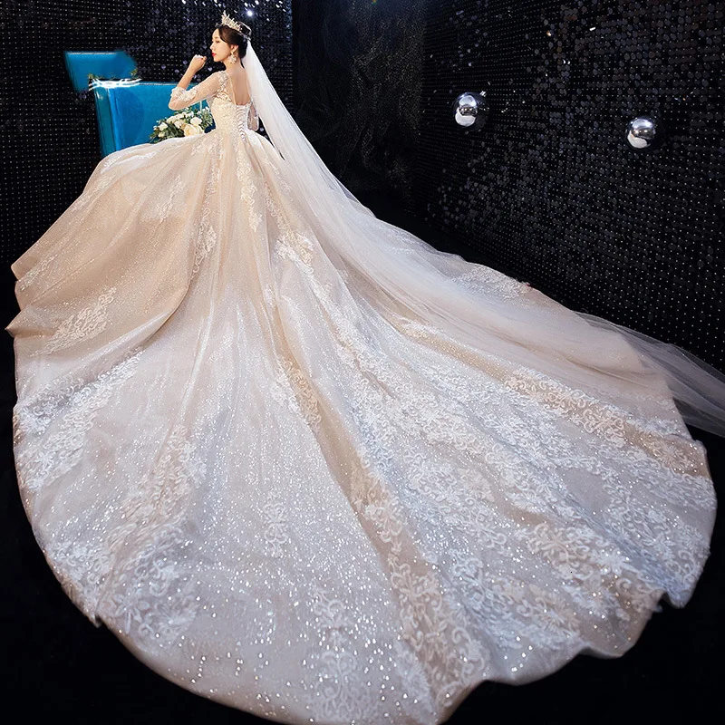 Vivian's Bridal роскошное свадебное платье принцессы, звездное небо, модное блестящее свадебное платье с длинным рукавом и длинным шлейфом, зимнее свадебное платье