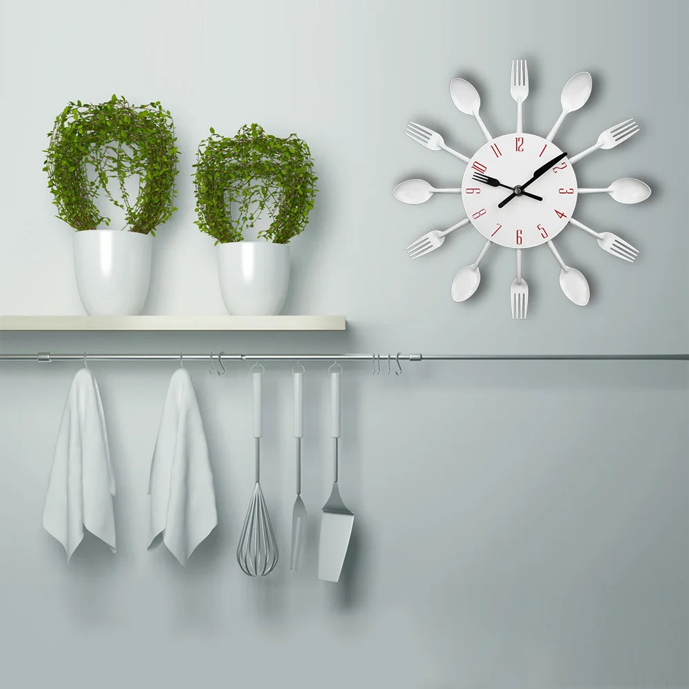 Wholesale Stainless Steel Knife And Forks Wall Clock Creative Silver Clock Kitchen Clock Living Room Electronic Wall Clock Pocke