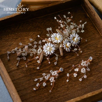 

HIMSTORY Handmade Pearls Bridal Hairpins Haircomb with earring Flower Brides Hairbands Wedding Hair Accessory