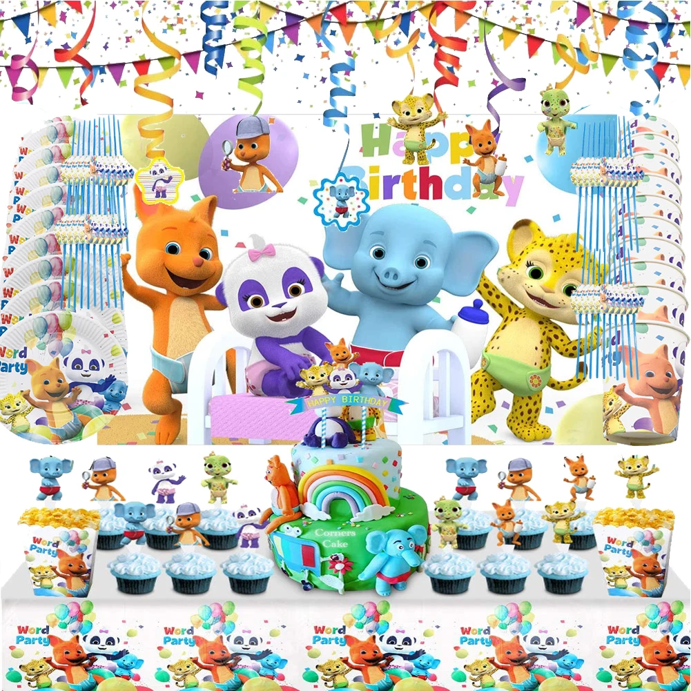 New Word Party Theme Birthday Party Decoration Tableware Set Cartoon Animals Paper Cup Plate Baby Shower Kids Birthday Supplies light up balloon