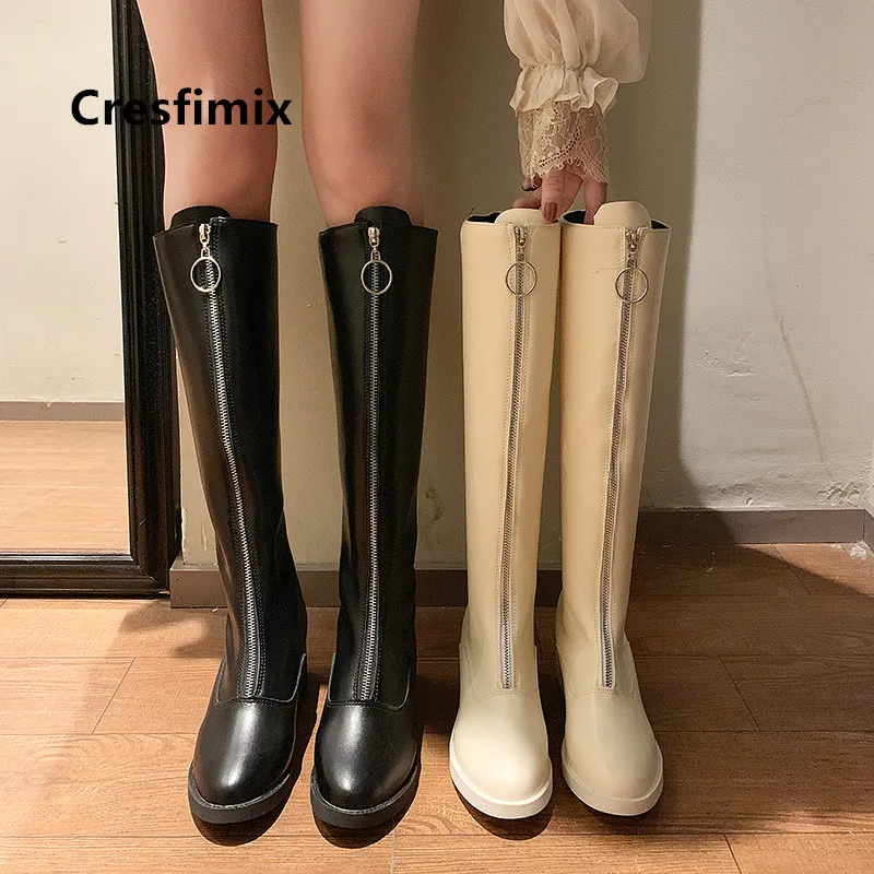 Женские модные удобные сапоги выше колена высокого качества; цвет бежевый; женские повседневные Черные сапоги из искусственной кожи в европейском стиле; Botas E7045
