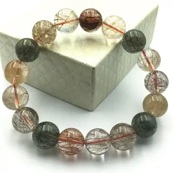 

13mm Natural Colorful Rutilated Quartz Gold Green Red Copper Crystal Bracelet Women Charms Round Bead Stone Stretch Bracelet