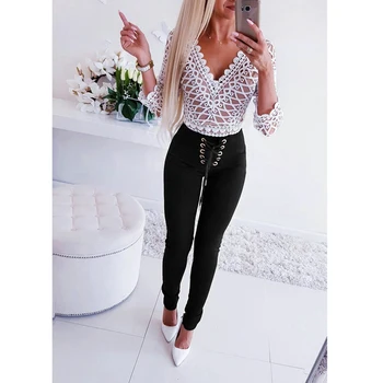 

Women 2019 Fashion Lace Up High Waist Pencil Pants Leggings Black Bandage Slim Drawstring Trousers Ladies OL Pants Pantalon
