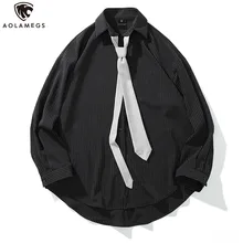 Aolamegs Для мужчин рубашки в полоску с галстуком-бабочкой тонкие рубашки больших размеров в студенческом стиле длинный рукав рубашка-балахон модная повседневная одежда на весну