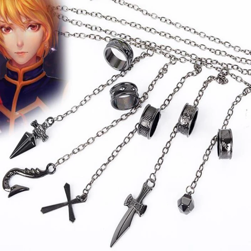 

1Set New Cartoon Hunter X Hunter Kurapika Cosplay Costume Prop Metal Ring Accessories Alloy Pendant Chain Figerrings Figure Toys