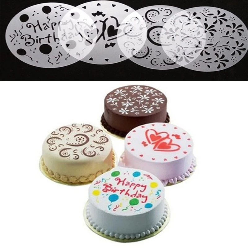 4PCS Round Flower Heart Cake Stencils Fondant Sugarcraft Mold Mould Cake Decor 