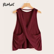 ROMWE Спортивная майка с перекрещивающимися плечами Бордовая футболка для тренировок в тренажерном зале Женская футболка без рукавов с круглым вырезом для занятий йогой