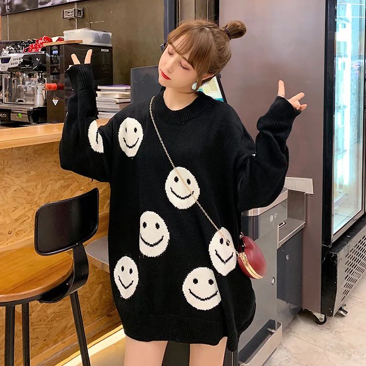 Casual Loose Knitted Women's Smile Face Sweaters - true deals club