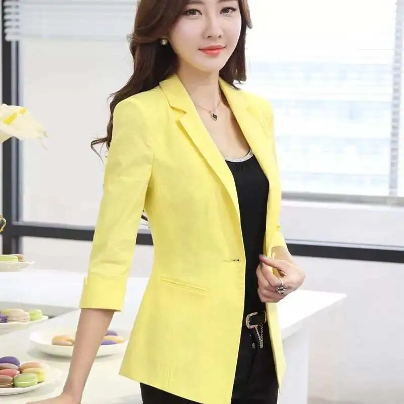 

Summer Arts Style Women 3/4 Sleeve Loose Casual Blazers Single Button Cotton Linen Solid Blezer Femme Coat Plus Size 4XL Office