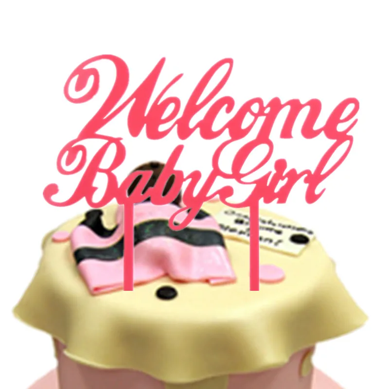 1pc Welcome Baby Girl Birthday Cake Flags Pink Acrylic Happy Birthday Cake Toppers Newborn Baby