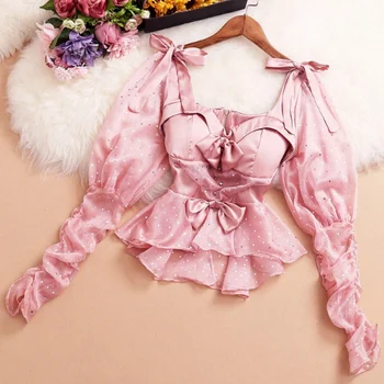 

Chiffon Shirt Woman Spring New Style Square Collar Polka Dot Long Sleeve Lace-up Bow Palace Style Shirt Female Tops Blusas