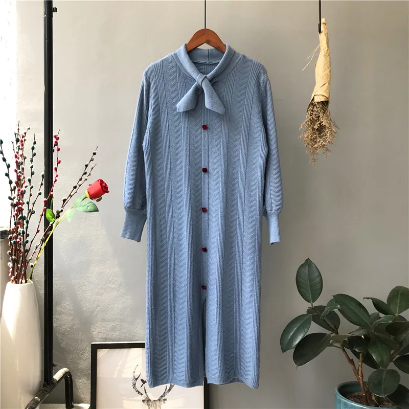 

2020 Autumn New Bow Avocado Green Sweater Dress Women's Hedging Small Fragrance Fresh Long Knee Sweater