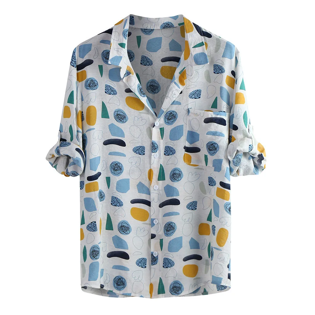 Men's Autumn Winter Casual Turn-down Collar Button Print Half Sleeve Top Blouse Hawaiian Summer Floral Printed Beach shirts