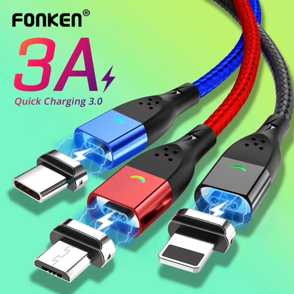 Магнитный кабель Micro USB FONKEN, магнитный кабель type C, кабели для зарядки телефонов для iPhone, samsung, huawei, Xiaomi, быстрая зарядка, 1 м, 2 м