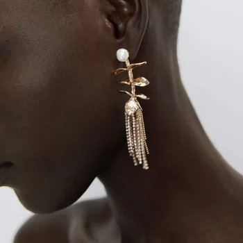 

ZA Gold Leaves Rhinestone Tassel Drop Earrings Women Jewelry Fashion Fringe Earrings Party Earrings Statement Accessories E7012