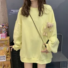 

Kawaii Bear Doll Sweatshirts Women Plus Size Loose Casual Pullovers 2021 Spring Autumn New Fashion Yellow Cottagecore Sweatshirt