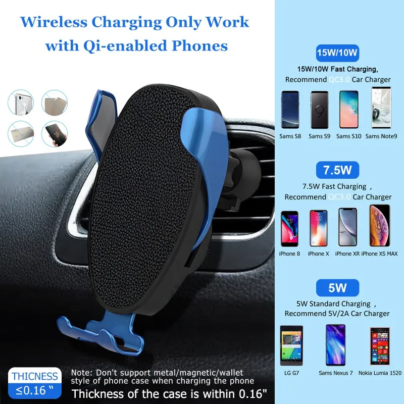 Convenient Wireless Car Charger Mount 15W Fast Charging Qi Charger Automatic Clamping Air Vent Phone Holder